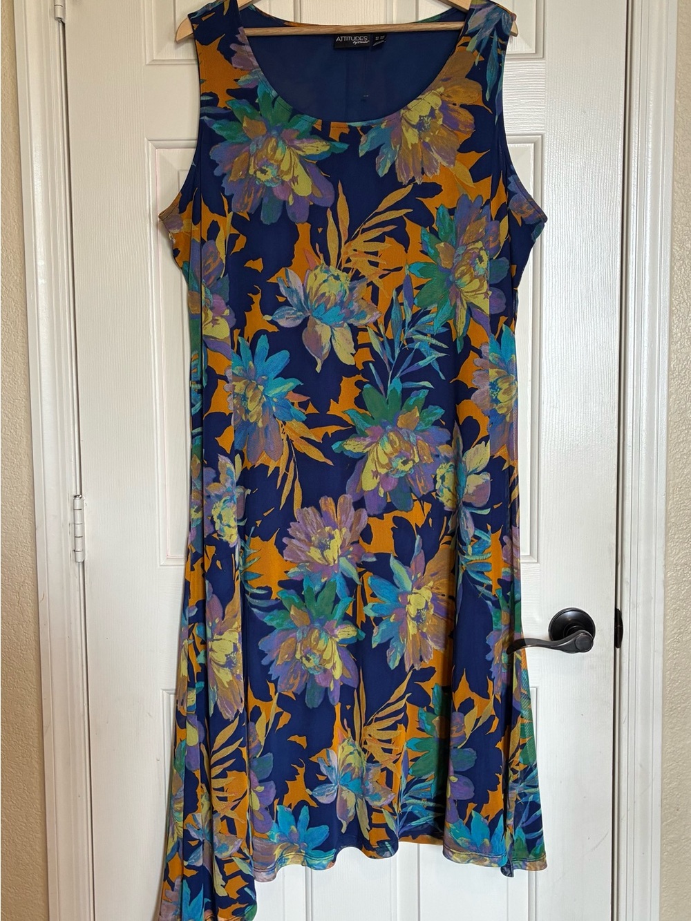 Attitudes by Renee Navy Floral Sleeveless Midi Dress with Mustard Accents